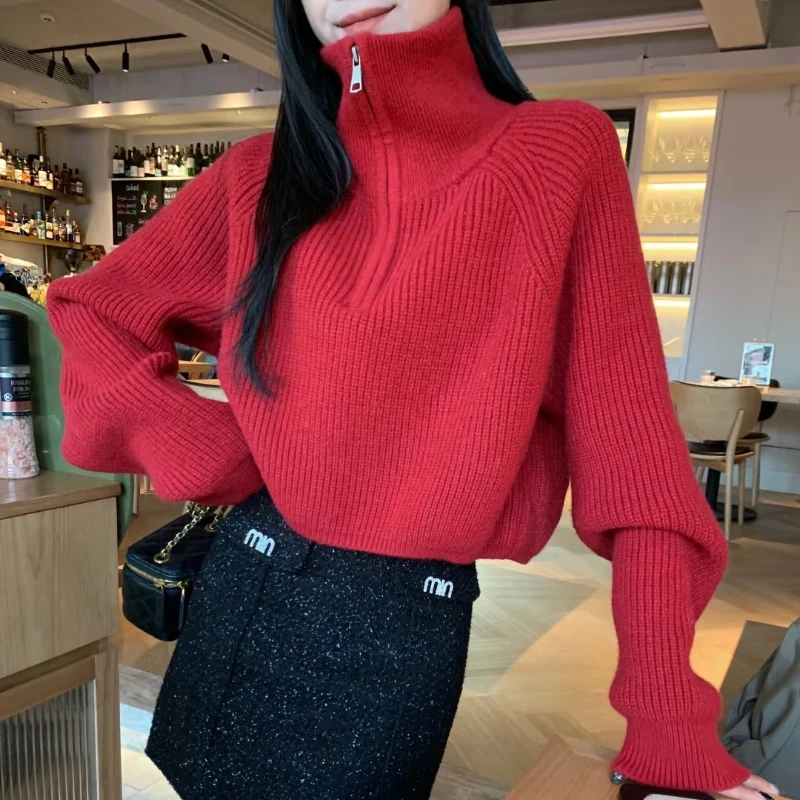 

Fashion Winter Girl Christmas Red New Half-high Collar Zipper Long-sleeved Ladies Pullover Solid Color Warm Sweater