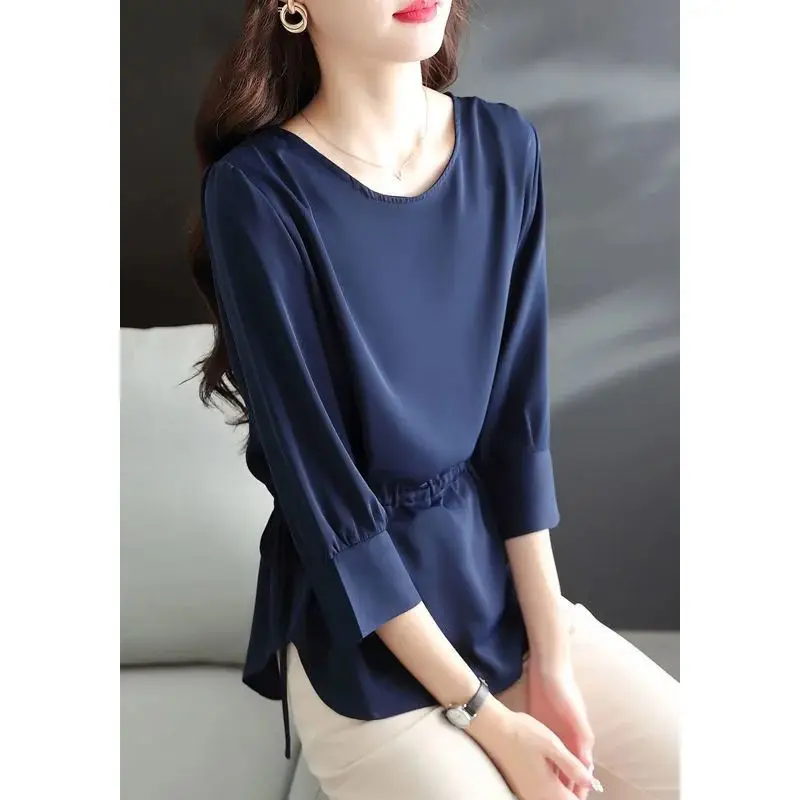 Summer New Thin Chiffon Lacing White Top Shirts 3/4 Sleeve Round Neck Solid Color Loose Blouse Office Elegant Women Clothing