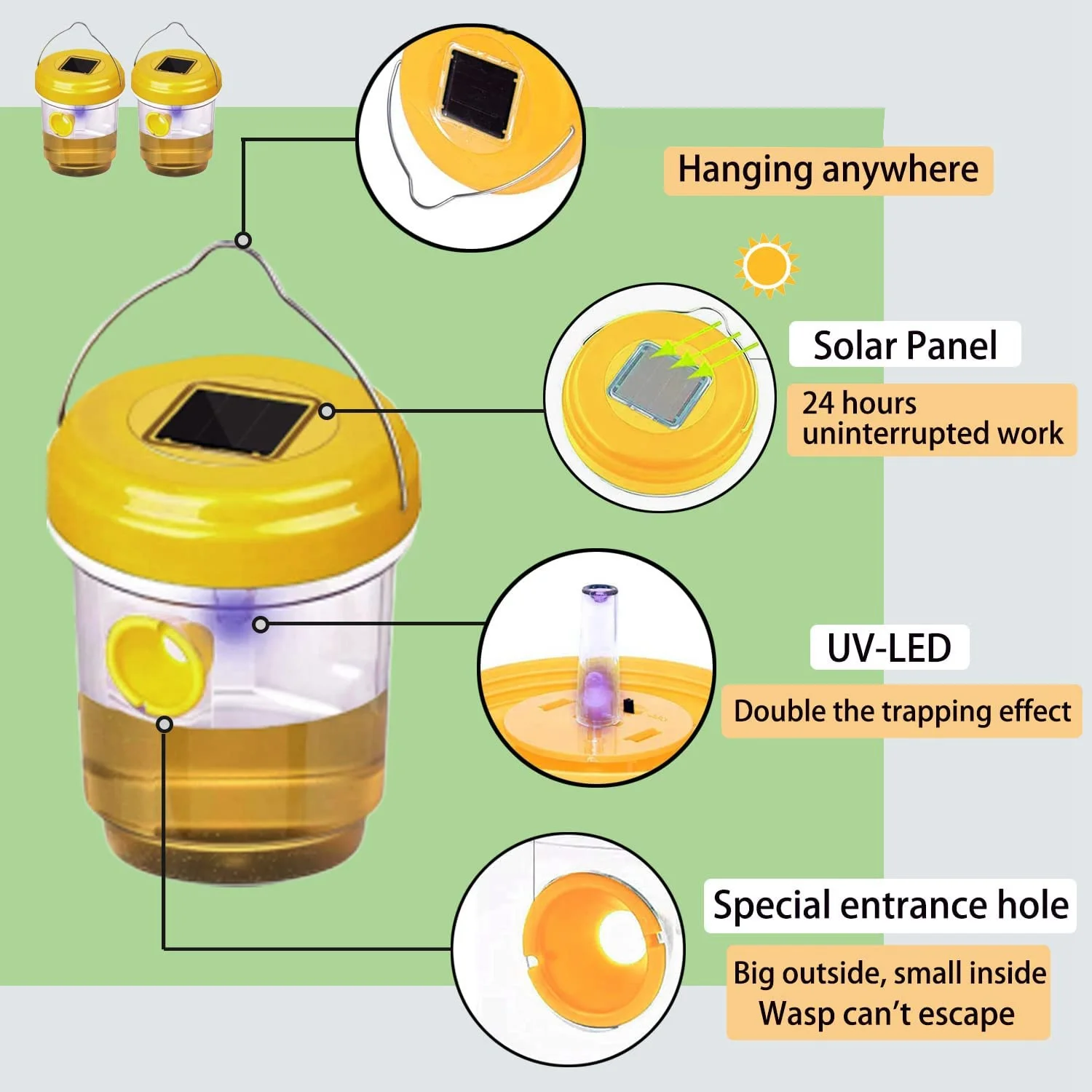 2 Pack Solar Wasp Trap Outdoor Hanging,Wasp Cather Hanging with Light for Yellow Jackets,Hornets,Bee,Wasp Traps