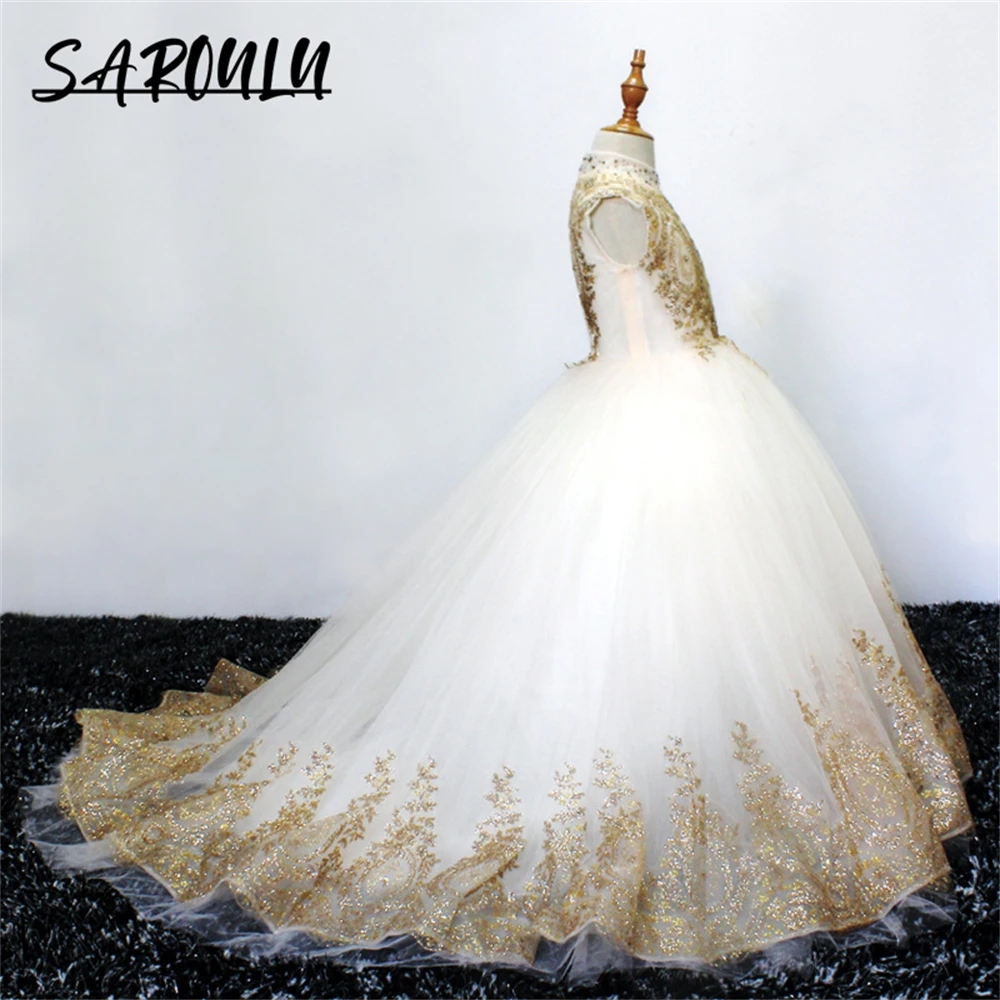 Robe de demoiselle d'honneur en fibre d'or pour filles, appliques de luxe, robe de Rhen tulle, robe formelle, fête de mariage, cadeau d'anniversaire