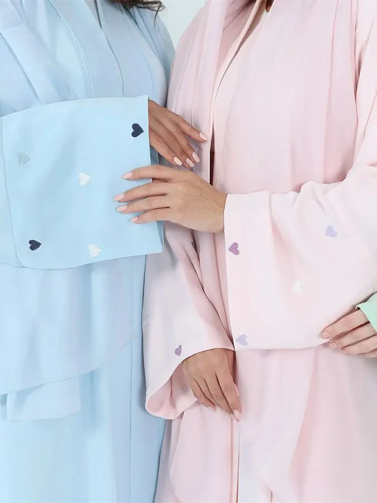 Fashion Love Heart Embroidery Open Plain Kimono Abaya for Women Dubai Luxury Muslim Kaftan Elegant Cardigan Islam Clothing 