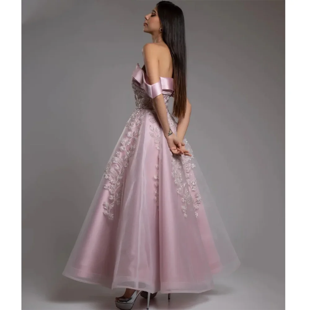 

Elegant Pink Women Prom Dresses Strapless Off the Shoulder Ankle Length A-Line Sleeveless Fancy Flowers Evening Party Gowns