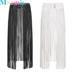 Women Ladies Faux Leather Fringe Tassels Skirt Belt Adjustable Double Buckles Party Gothic Punk Rock Long Skirt Belt Clubwear
