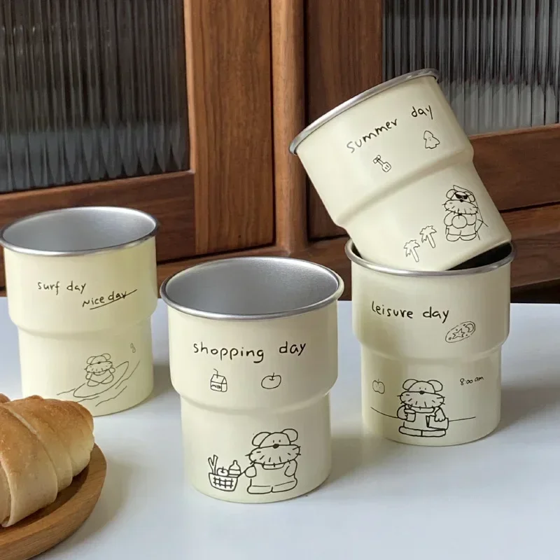 

300ml Coffee Cup Print Mug Stainless Steel Oat Milk Latte Breakfast Cup Camping Travel Mug Cute Cat Pattern Office Home Mug Gift
