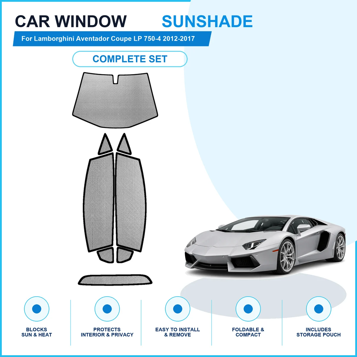 For Lamborghini Aventador Coupe LP 750-4 2012-2017 Custom Full Set Window Sunshades Aluminum Foil Suction Cup Anti UV Privacy