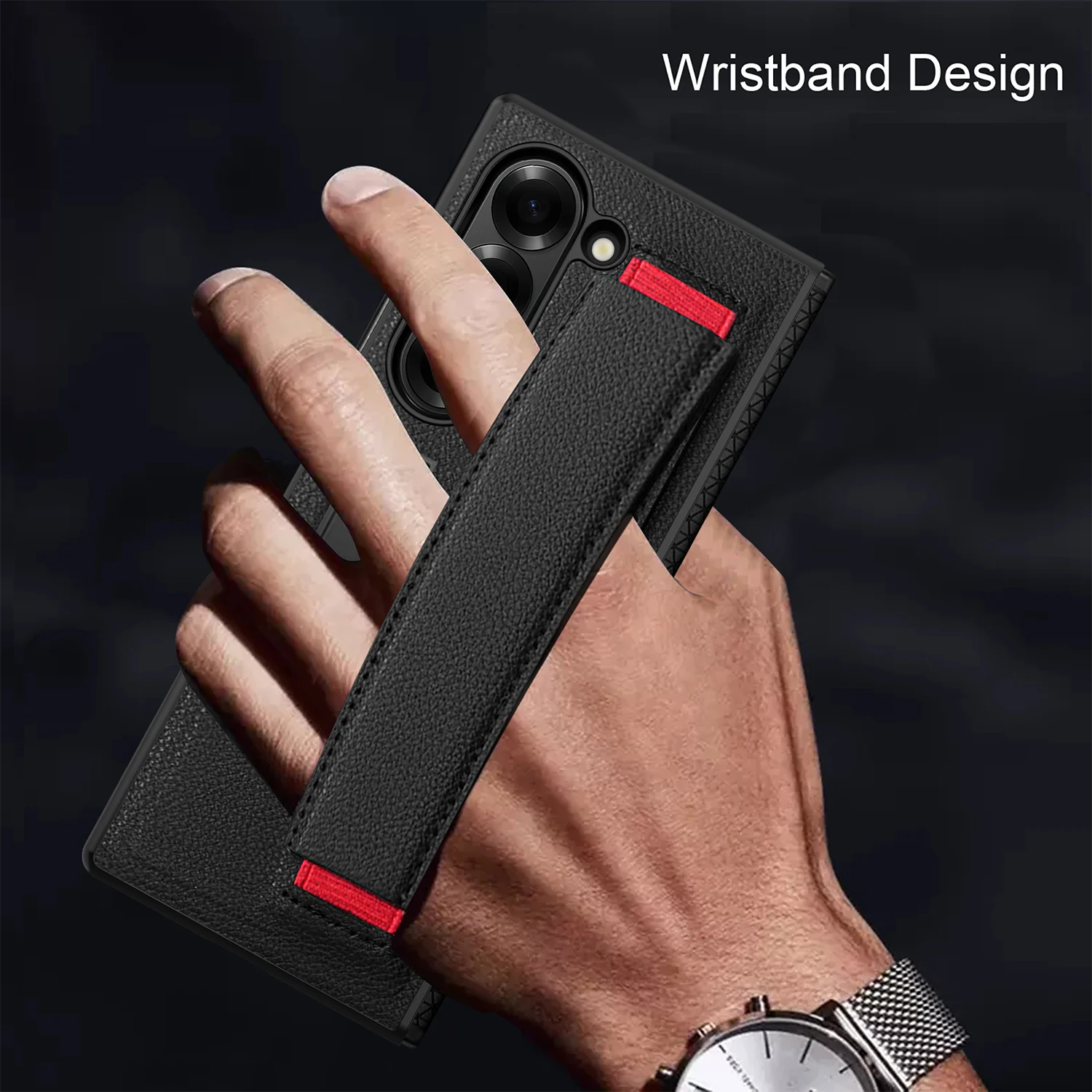 

For Samsung Galaxy Z Fold 6 Case Luxury Matte Leather Bracket Elastic Wristband Folding Hinge With Tempered Film Shockproof Case