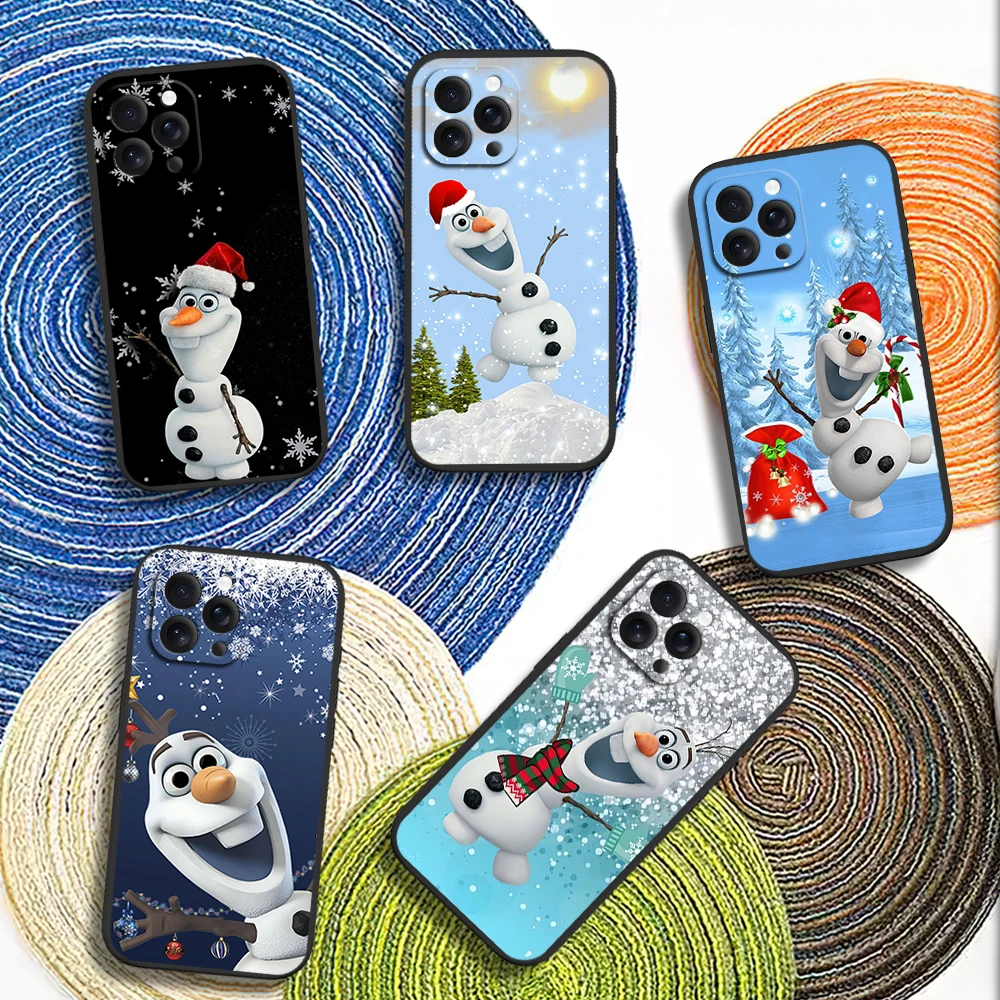 MINISO O-Olaf Cute Christmas Phone Case for iPhone 12 11 14 15 13 16 Max Plus Pro Black Soft Silicone Cover