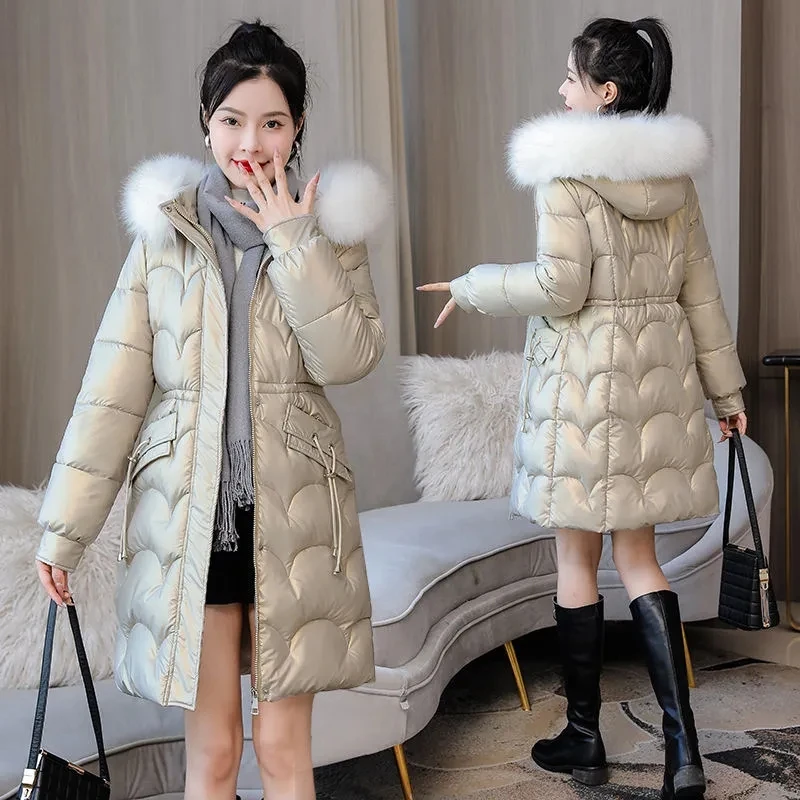 2024 New Winter Thick Jacket Long Down Parka Jacket Women Bright Waterproof Overcoat Loose Warm Cotton Coat Winter Hooded Parka