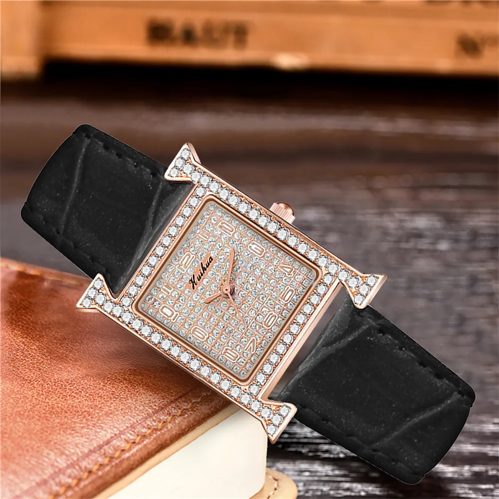 Luxury Ladies Brand Watches Fashion Square Diamond Full of Stars Lady Quartz Watch Casual Leather Women Dress Clocks Wristwatche