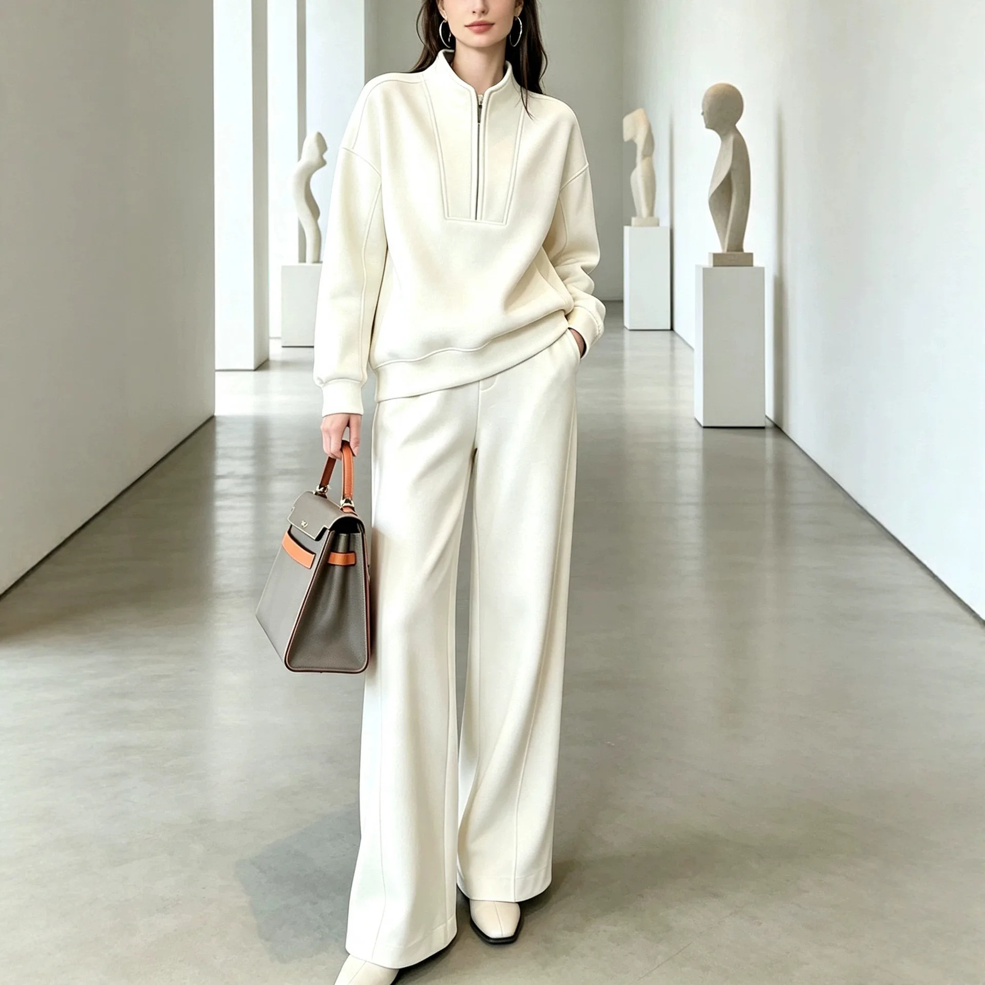 Women's autumn and winter new temperament semi-zipper stand-up collar sweater set women's wide-leg pants casual two-piece set