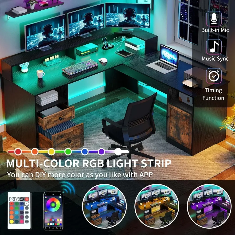 مكتب كمبيوتر بزاوية 60 ركنًا مع منافذ طاقة وأضواء LED وأدراج ورفع علوي للمكتب المنزلي