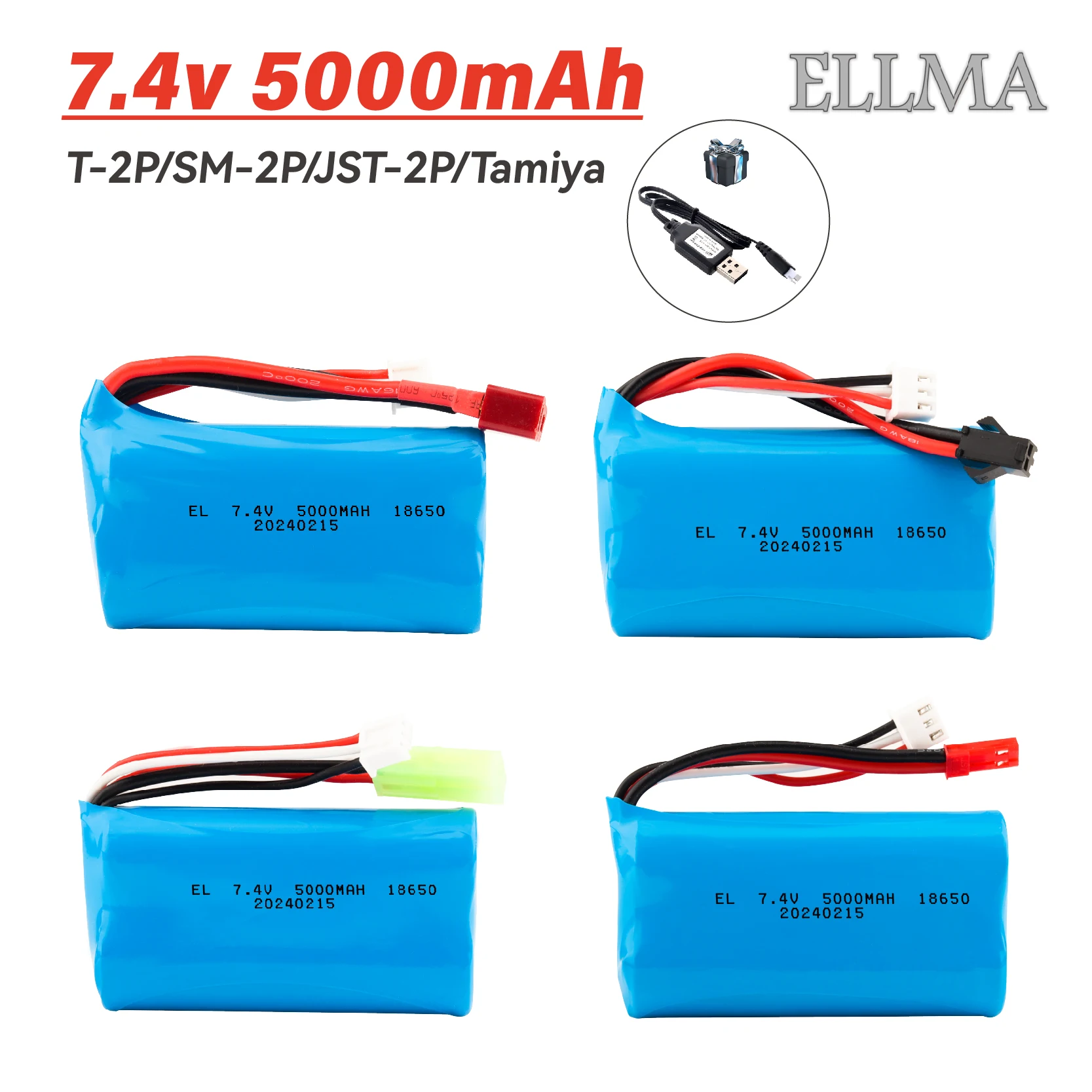 T/SM/JST/Tamiya Plug 7.4V 5000mAh 18650 Li-ion Battery with USB for SCY-16101 WLtoys 10428 SG1605 SG1606 RC toys parts