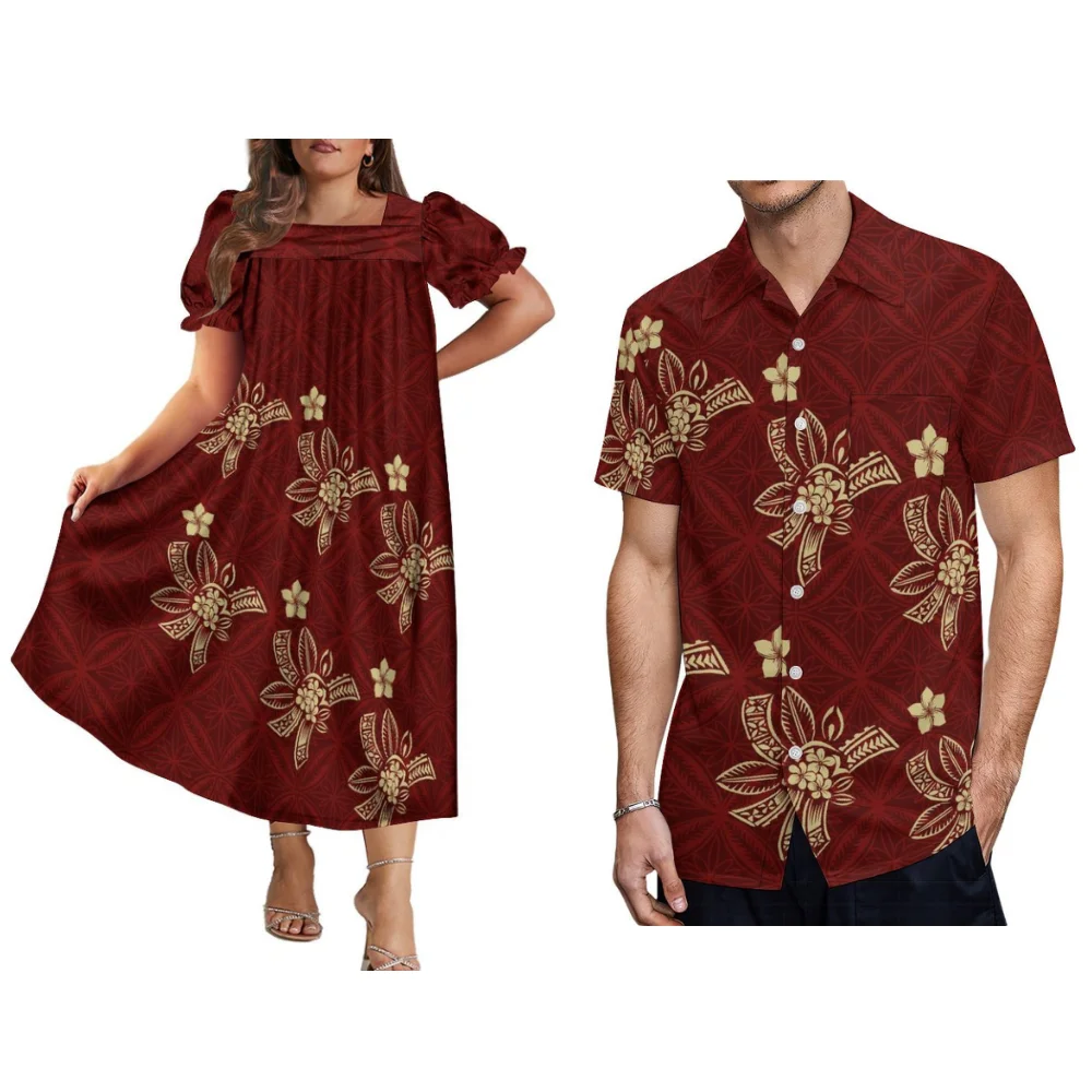 Polynesian Island Dress Mumu Maxikleid mit Puffärmeln für Damen und hawaiianisches Herrenhemd Samoa Plus-Size-Paaranzug