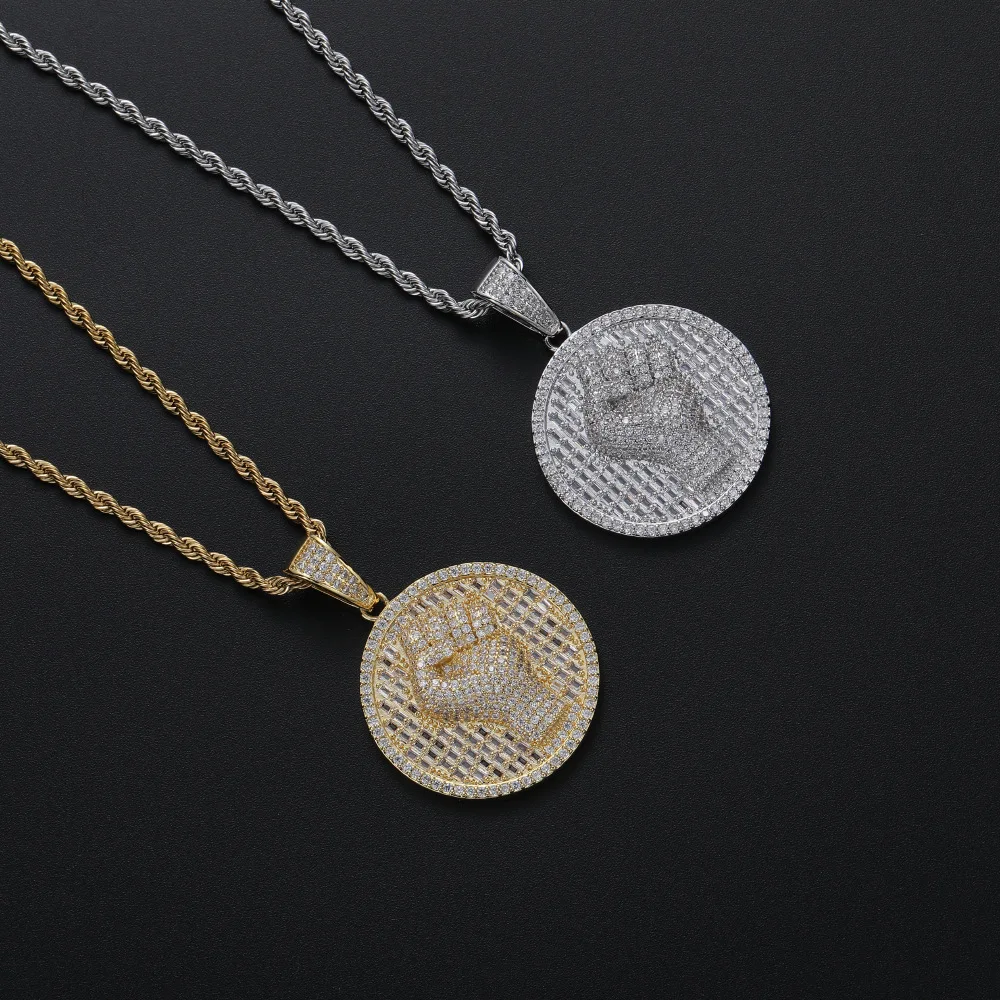 

Ожерелье в стиле хип-хоп с подвеской в виде дискового кулака, уличный стиль с инкрустацией медным цирконом, аксессуар унисекс