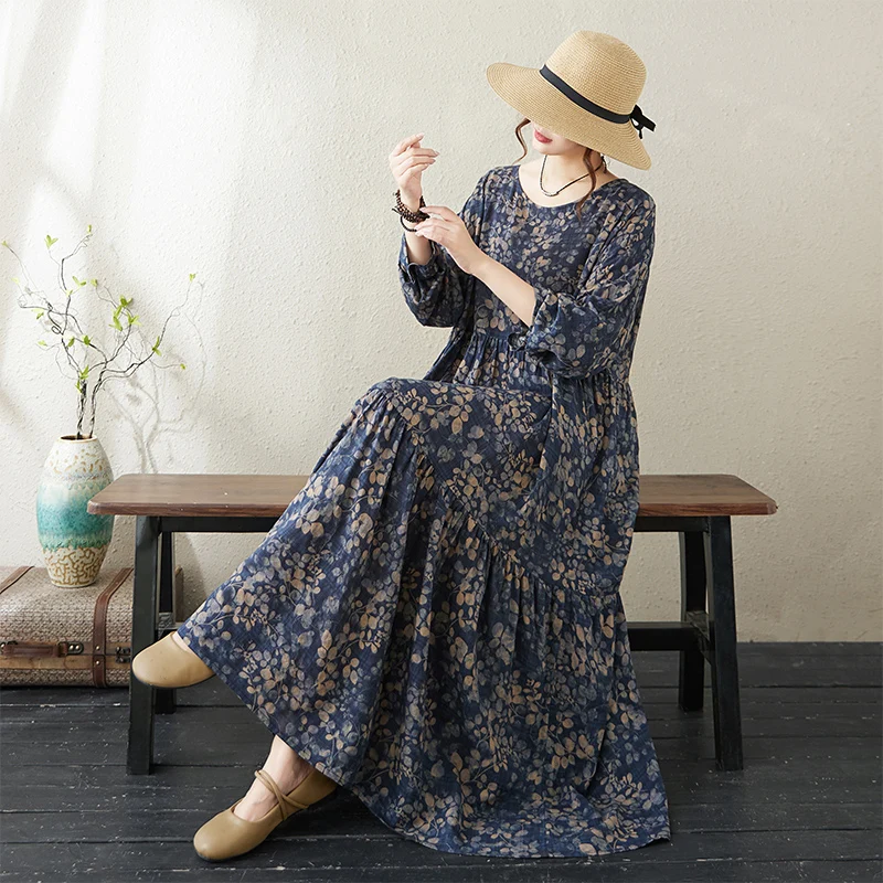 Slimming Blue Floral Cotton Linen Long Sve round Ne Loose Cake Skirt a Line Dr for plus Size Women Autumn Thin Dr