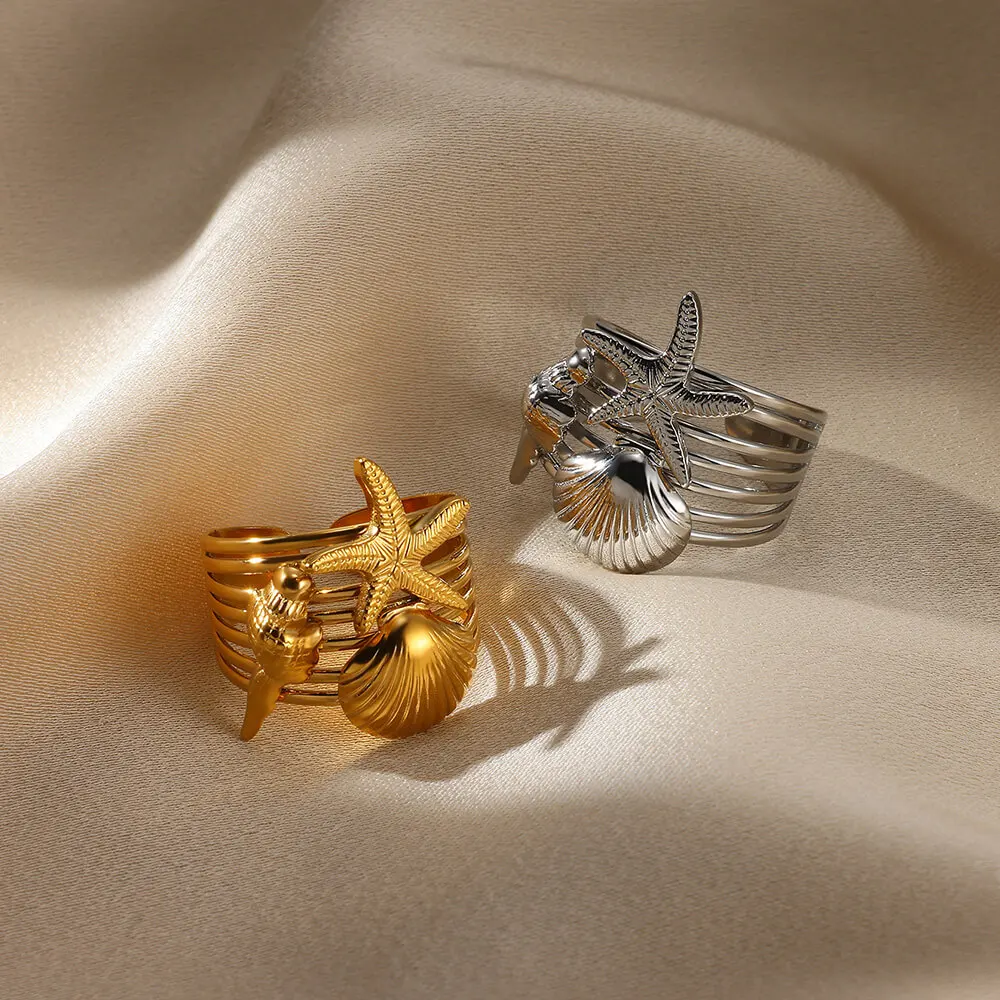Stainless Steel Starfish Conch Open Rings Personality Shell Gold Color Rings Elegant Punk Vintage Jewelry Gifts For Women Bague