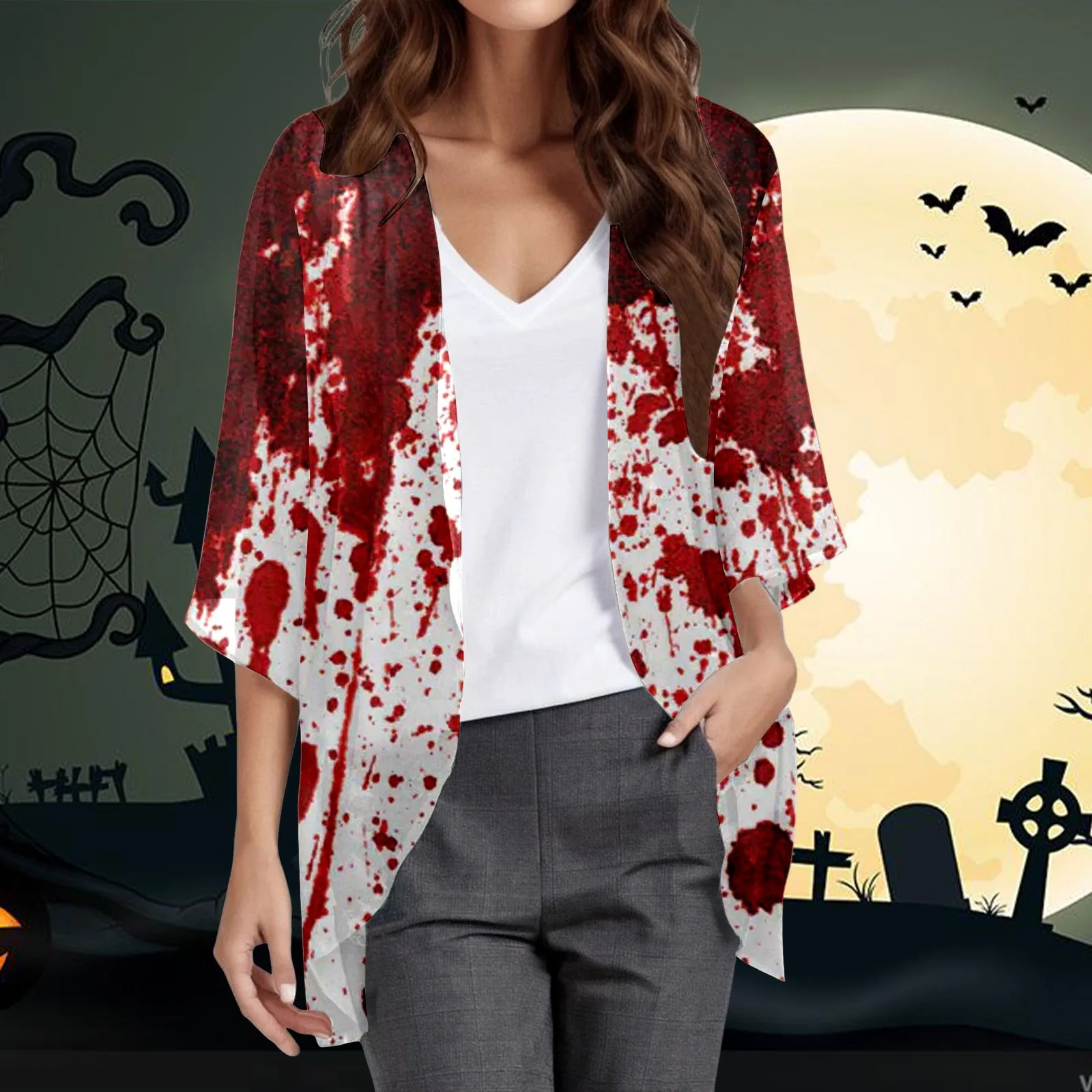 Women's Loose Tops Halloween Theme Bloodstain Print Cardigan Oversized Cardigans