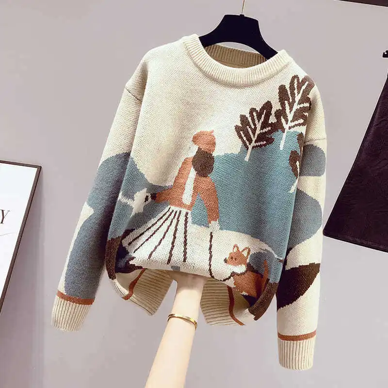 Women\'s Clothing 2023 New Sweet Cartoon Sweaters Printed Autumn Winter All-match Fashion Round Neck Korean Loose Knitted Jumpers