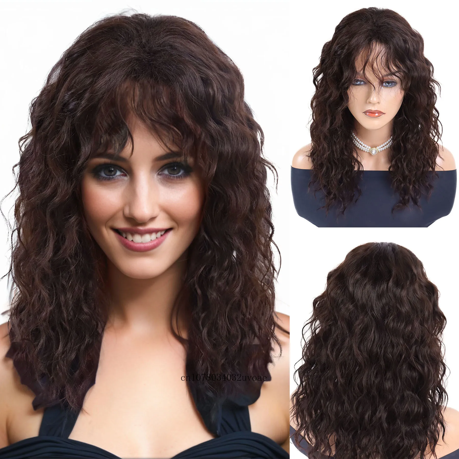 Synthetic Natural Brown Wig Long Curly Hair for Women Daily Use Layered Wig with Bangs Cancer Patient Gift Outfits Costume Wig