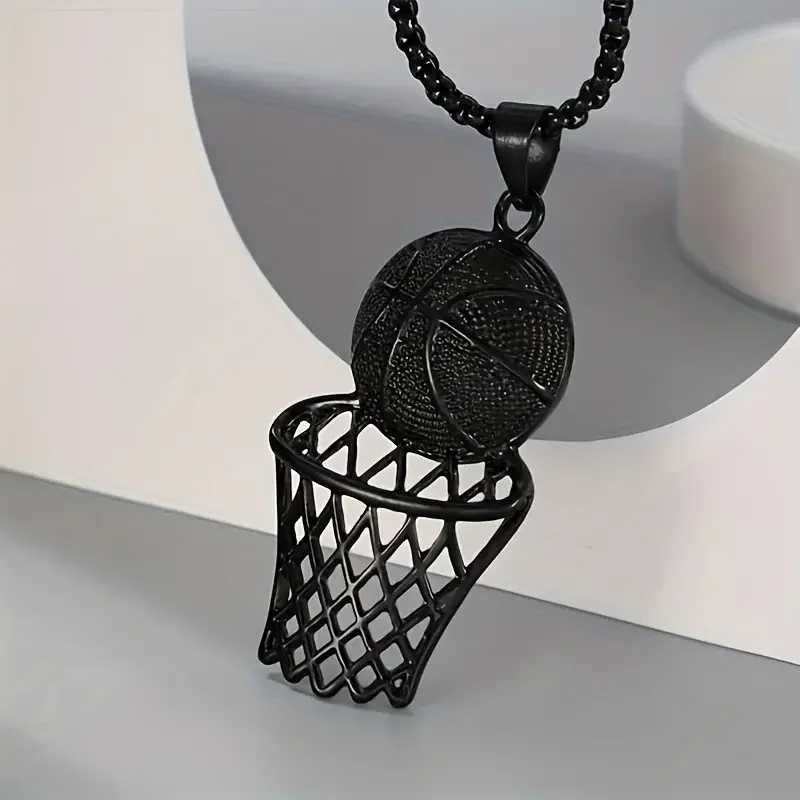 Hip Hop Basketball Hoop and Ball Pendant Necklace Sport Black Basketball Necklaces For Men Boys Jewelry