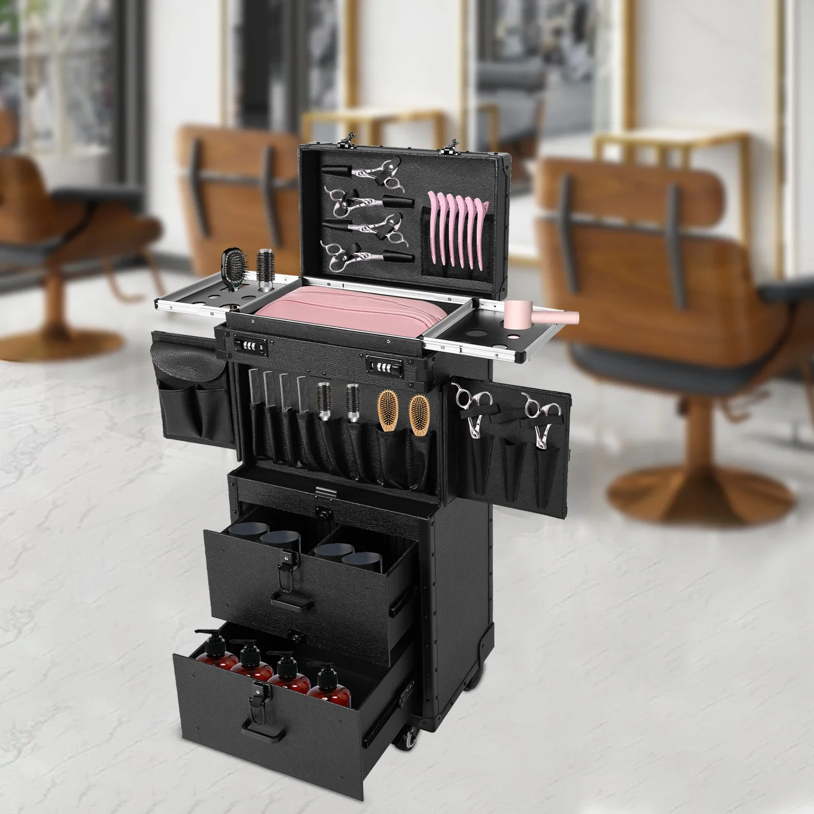 

Vintage Black Rolling Hairdressing Tool Case with Upgraded Metal Wheels - Full Black Stylist Trolley for Professional Salon Use
