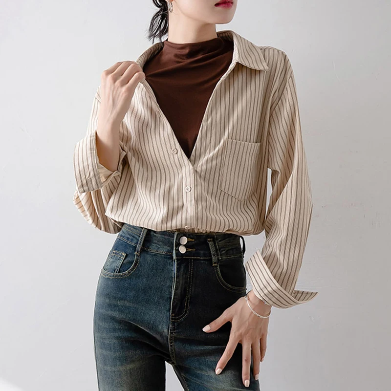 

Trend Fake Two Pieces Striped Blouse For Women Spring New Casual Lapel Button Tops Woman Patchwork Pullovers Loose Shirts Mujer