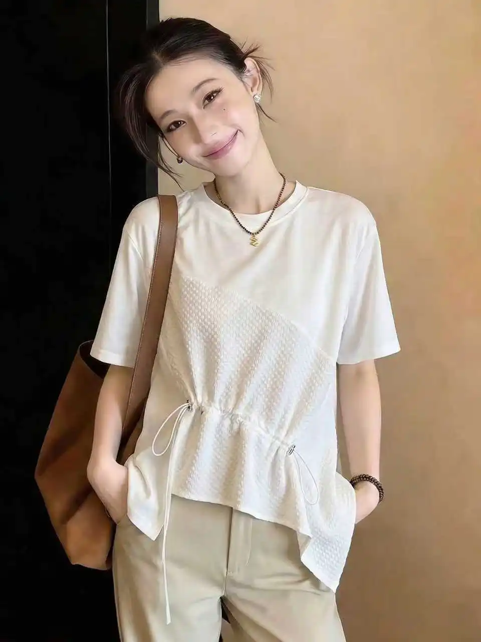 White Short Sleeve T-Shirt Women's Spring Summer New Large Size Fat MM Drawstring Asymmetrical Top Korean Style Commute Wind