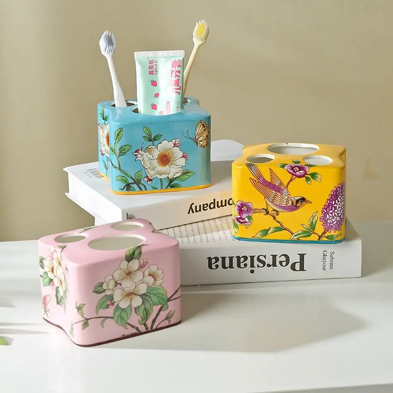 Modern Toothbrush Holder Bathroom Couple Toothbrush Toothpaste Organizer Painted Flower Ceramic Storage Tube Bathroom Accessorie