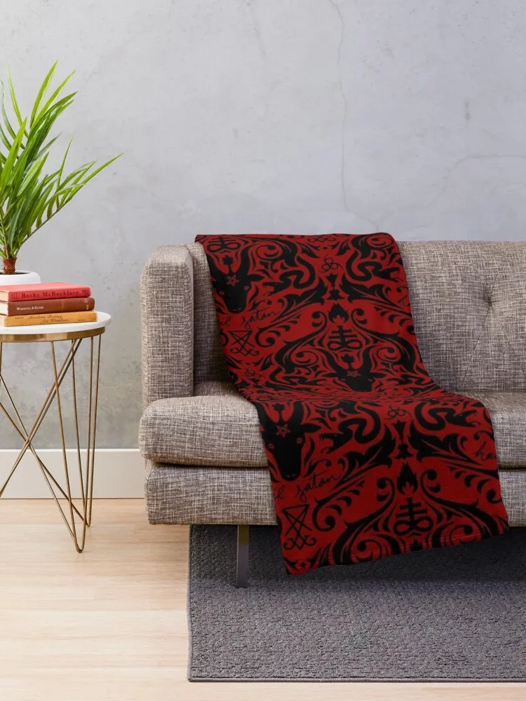 Damask - Hail Satan (Black & Red default) Throw Blanket Shaggy Blanket Blankets Sofas Of Decoration