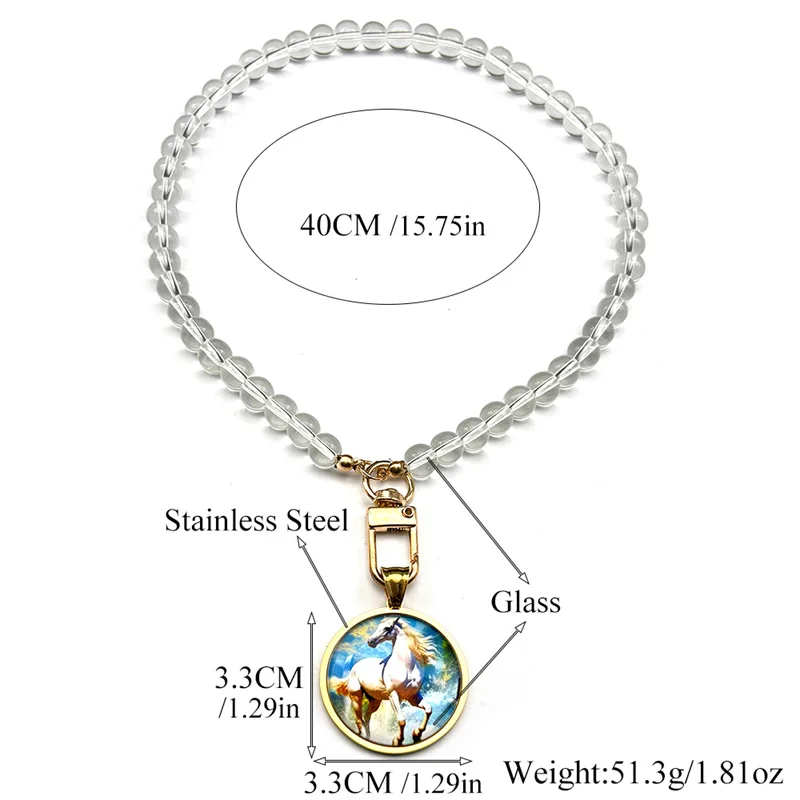 أنيقة الأبيض الحصان قلادة قلادة للنساء الرجال الفولاذ المقاوم للصدأ ميدالية الحيوان المهر المراعي الزجاج الخرز سلسلة مجوهرات هدايا