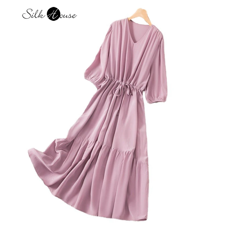 

2024 Women's Fashion Spring/Summer New 100%Natural Mulberry Silk Crepe De Chine Pink Purple French V-neck Large Swing Dress