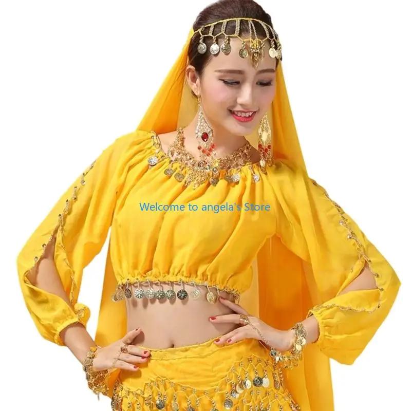 X4YC Belly Dance Outfit Long Sleeve munten Top Shirt Belly Dance -kostuum voor dames Halloween Stage -uitvoeringen Kostuum