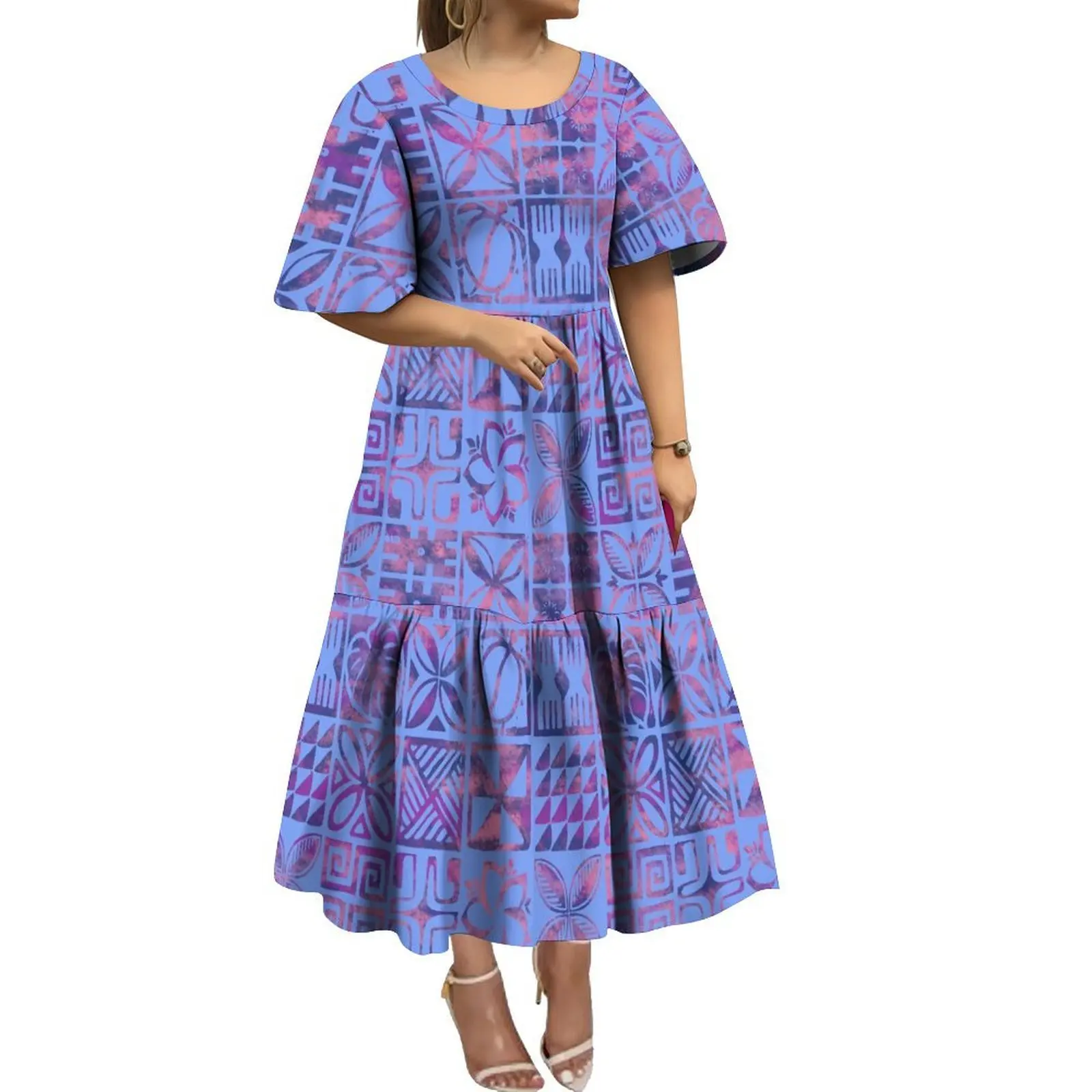 High-Quality Customizable Printed Polynesian Women'S Round-Neck Long-Sleeved Fitted And Belted Elegant Dress
