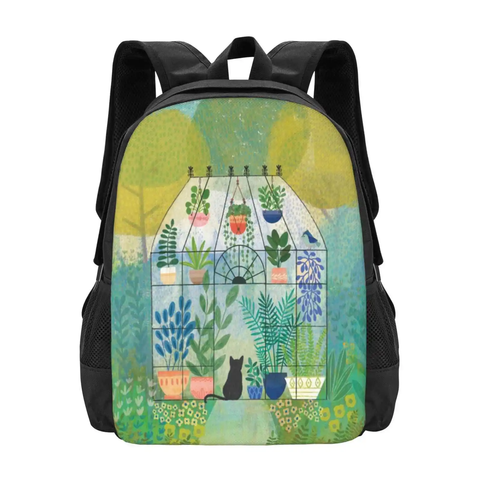 

Cat In The Greenhouse Large Capacity School Backpack Laptop Bags House Plants Succulents Botanical Garden Flowers Potted Plants