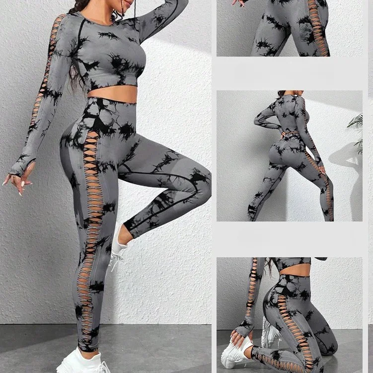 Sporty Woman Gym  Push Up Tie Dye Yoga Suits Fitness Clothes Hollow Out Training Tracksuit Sportswear 2 Piece Workout Set Women