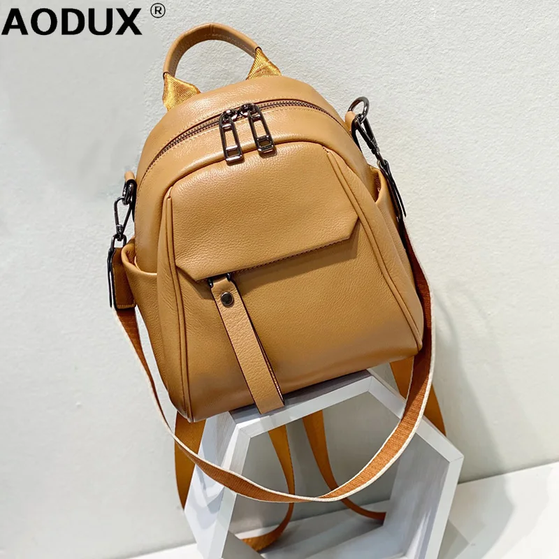 AODUX 100% Genuine Cow Leather Calfskin Women Backpacks First Layer Nature Cowhide Book Dual Function Backpack One Shoulder Bags