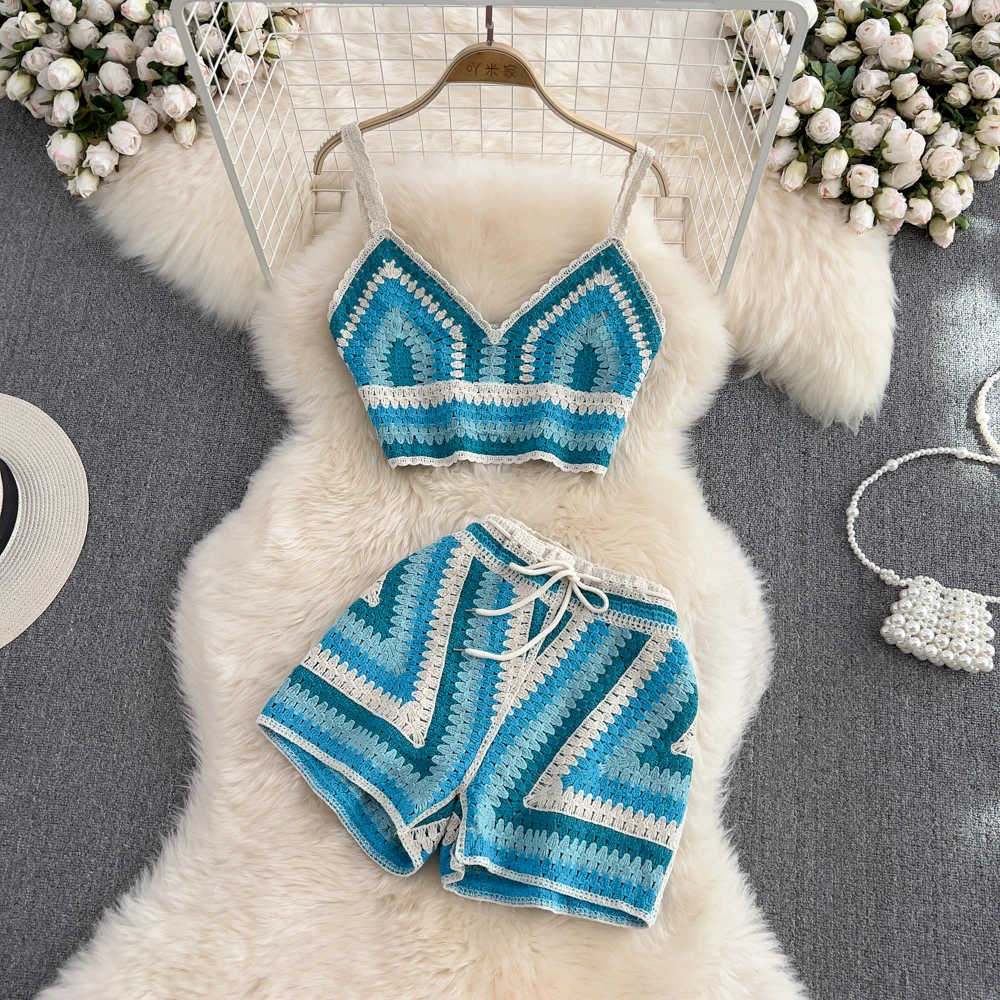 OUMEA Summer Cotton Knitted National Style French Sleeveless V-neck Halter Top High Waist  Shorts Fashion Swimsuit Two-piece Set