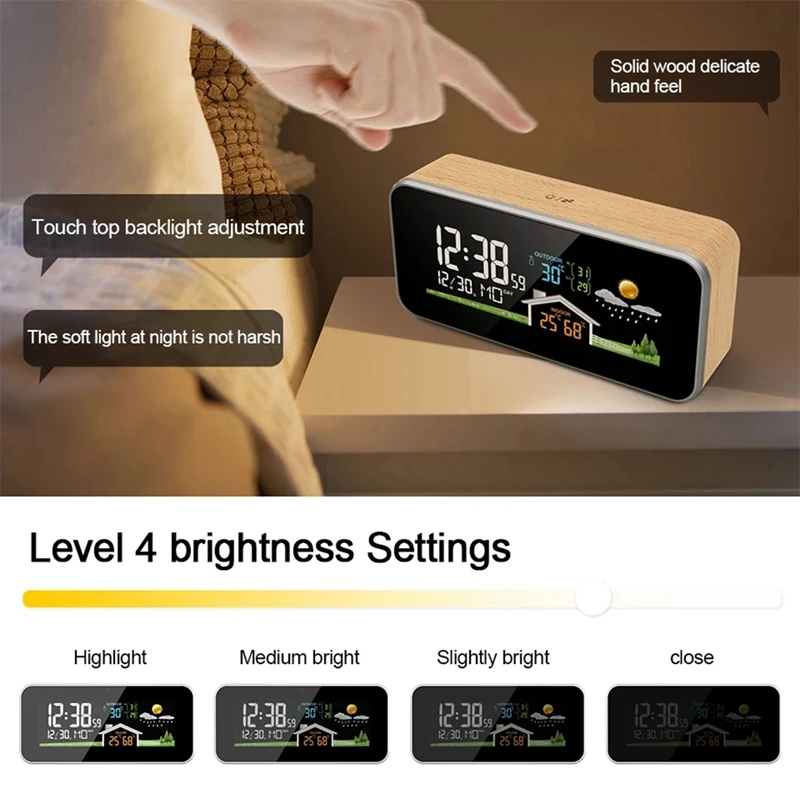 Wireless Weather Station Wooden Alarm Clock Home Desk Watch Digital Thermometer Humidity Temperature Wireless Sensor
