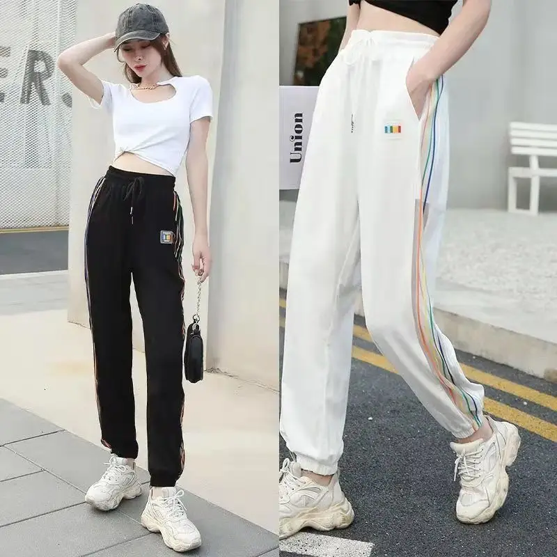 Women's Summer Cropped Sweat Pants Fashion Hot Womens Trousers Casual Joggers Jogging Stripe Sweatpants Ice Silk Harem Sarouel