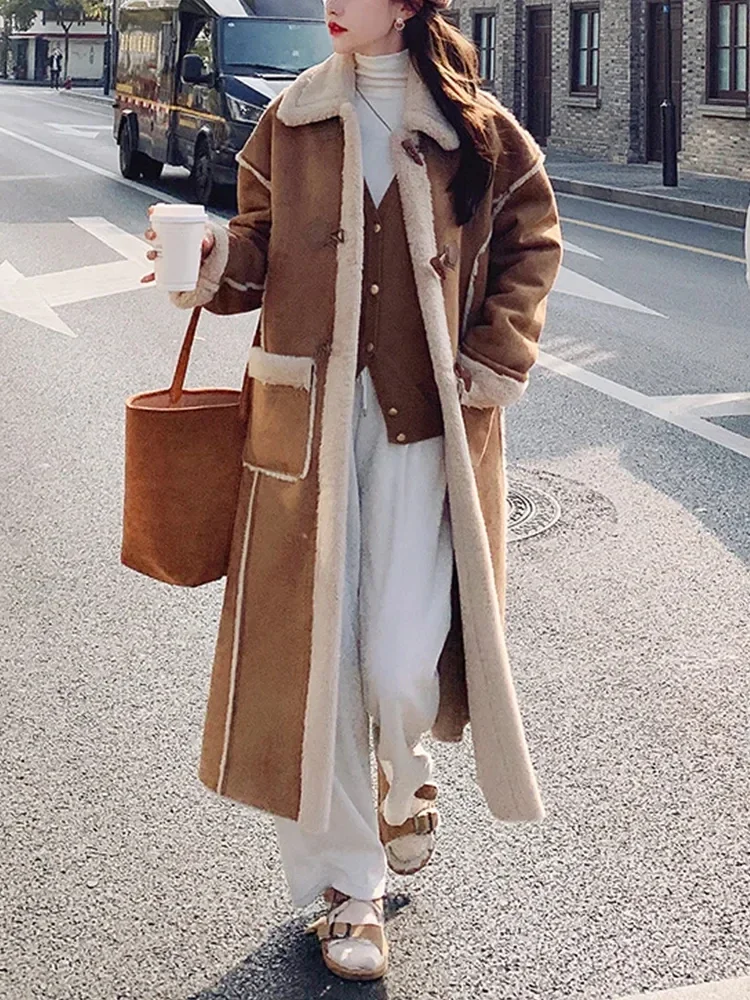 Winter Women Faux Suede Leather Jacket Casual Lady Vintage Loose Lapel Horn Button Long Outwear Lamb Wool Chamois Leather Coat