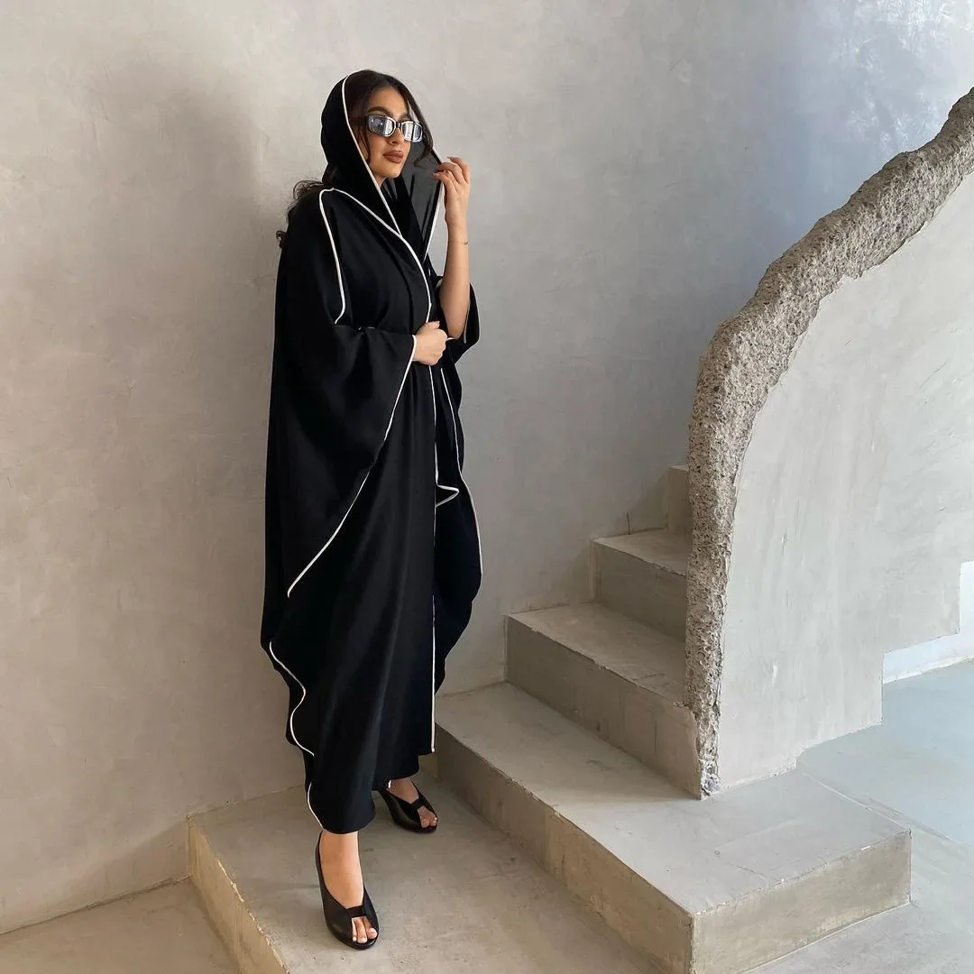 Black Batwing Open Abaya with Scarf Set Muslim Kimono Turkish Tunics Hijab Abayas for Women Dubai Luxury Islamic Modest Clothing