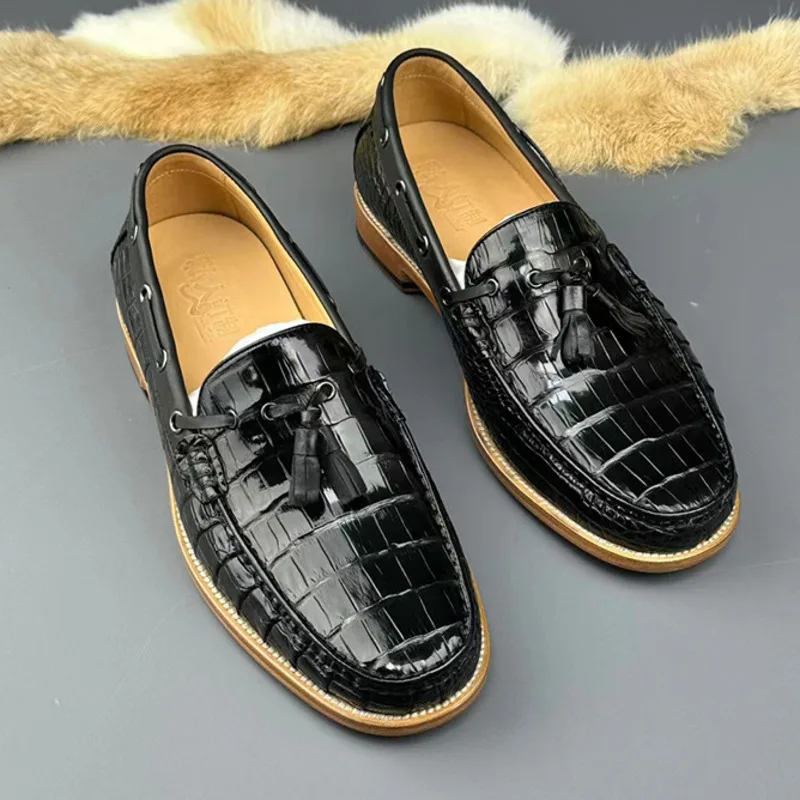 New Autumn Winter British Crocodile High-end Casual Leather Suede Round Toe Bean Shoes Comfortable Business Casual Leather Shoes