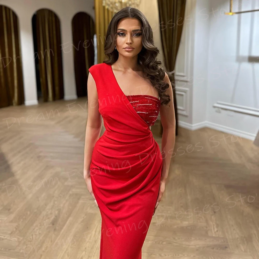 Generous Elegant Red Mermaid Simple Women's Evening Dresses Popular One Shoulder Sleeveless Prom Gowns Pleated فساتين سعيد شارون