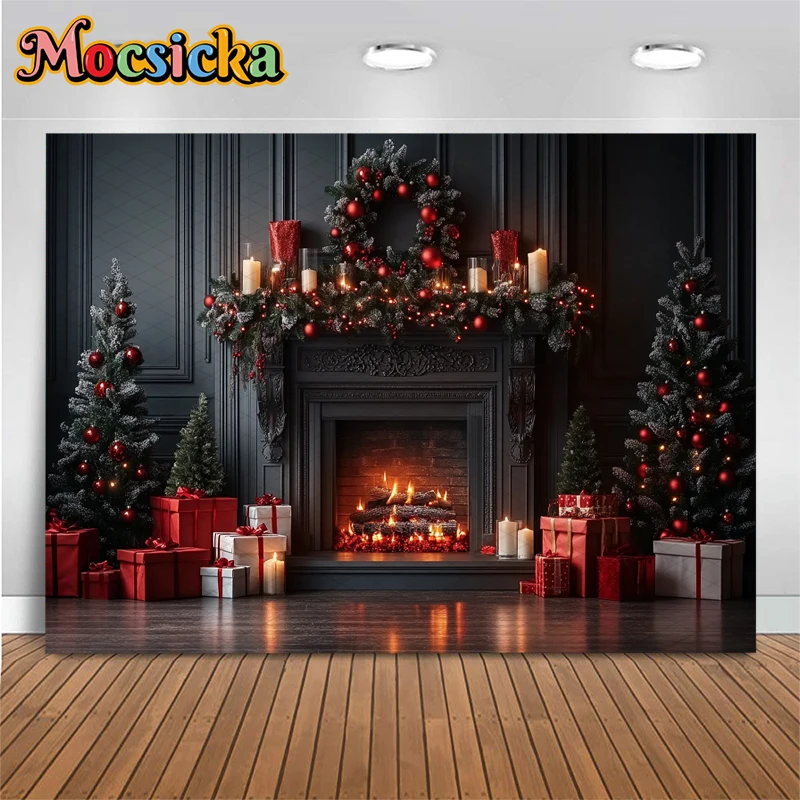 Mocsicka Christmas Backdrop Photography Fireplace Red Flower Gift Xmas Tree Photo Background For Shooting Home Decoration Studio