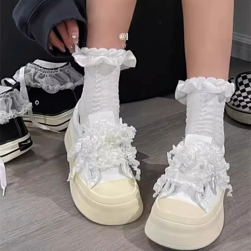 Cute Frill Organza Shoelaces Elasticity Chiffen Yarn Bow Laces Trend Beauty White Casual Sneaker Shoes Laces