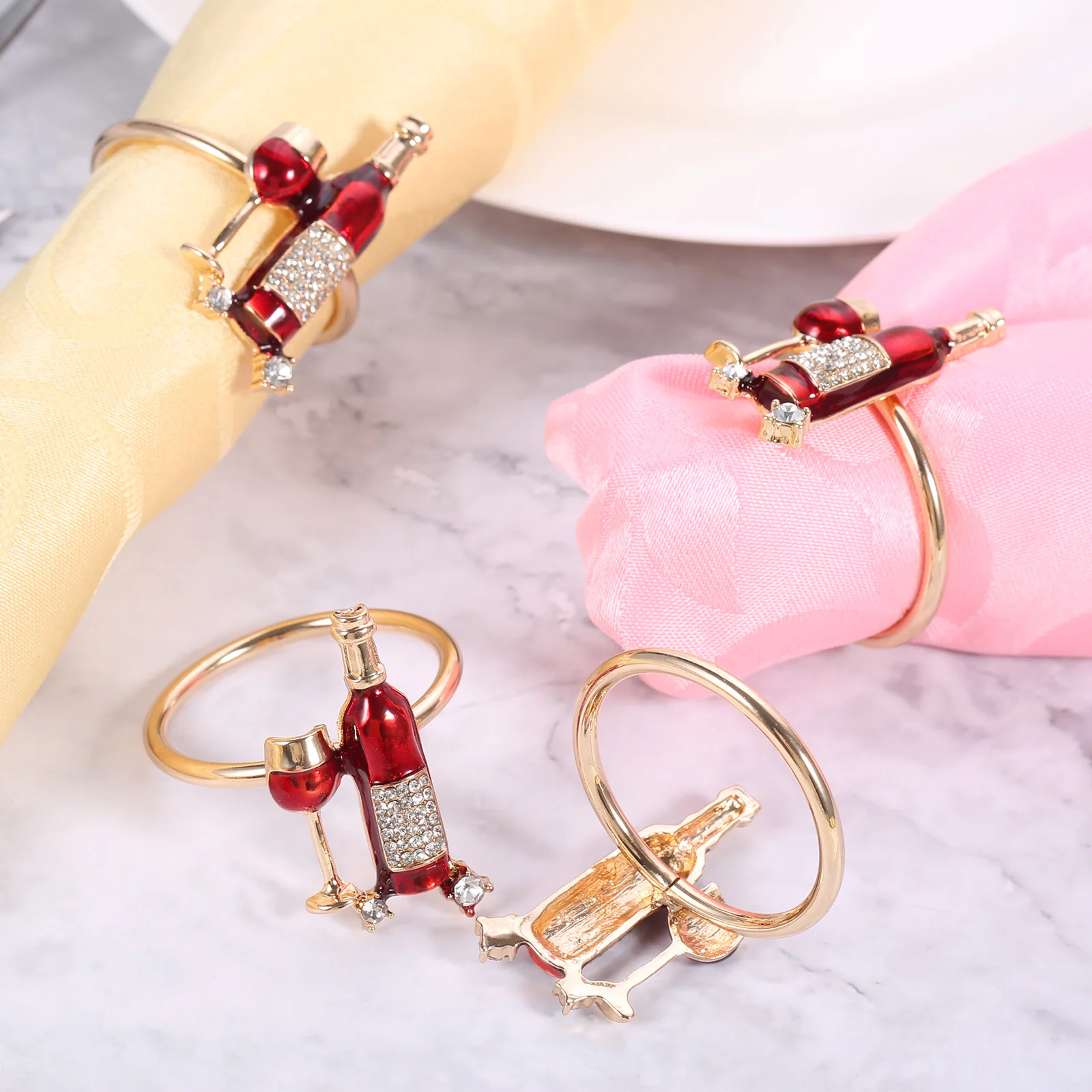 

6pcs Creative Wine Bottle & Wine Glass Shaped Napkin Rings Alloy Serviette Buckle Holder Wedding Holiday Hotel Table Decoration