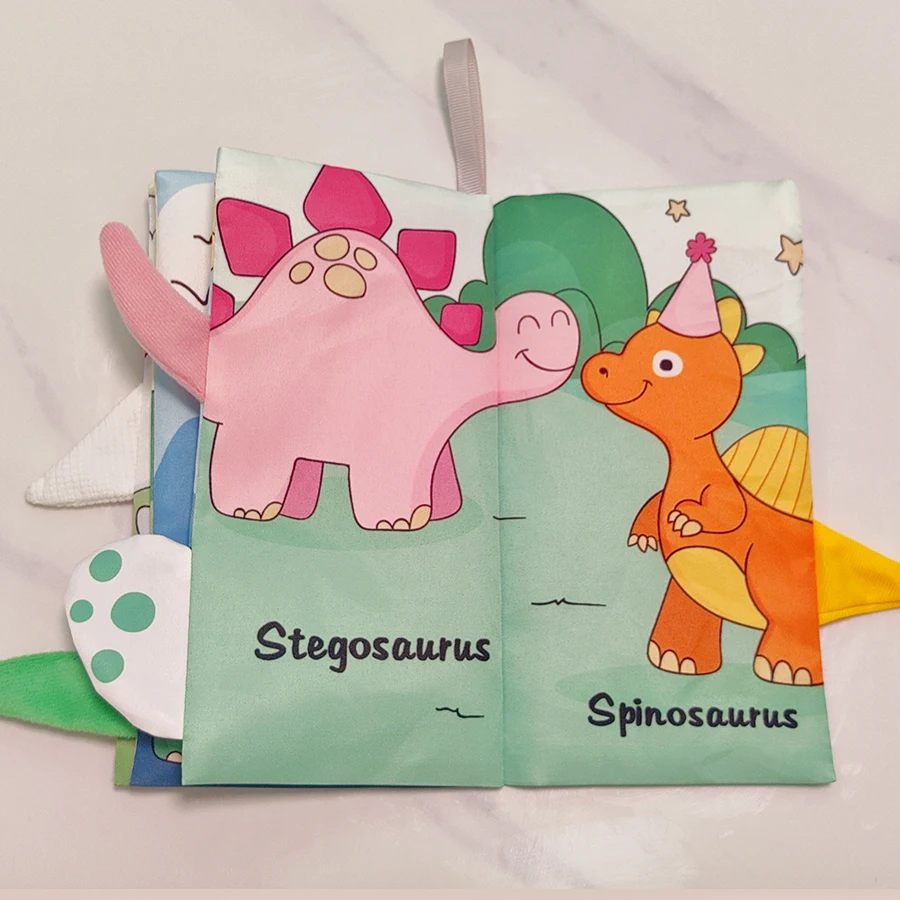 Libro in stoffa con coda di dinosauro per l'educazione precoce del bambino, lavabile, morso, duro a strappo a mano, libro cognitivo, giocattolo puzzle per neonati