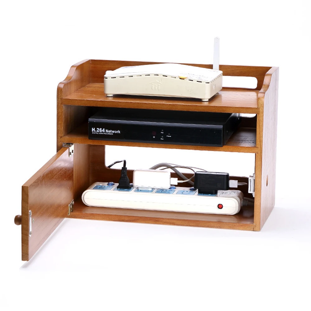 Router WiFi storage box wood desktop wire board organizer for cable management with set-top rack