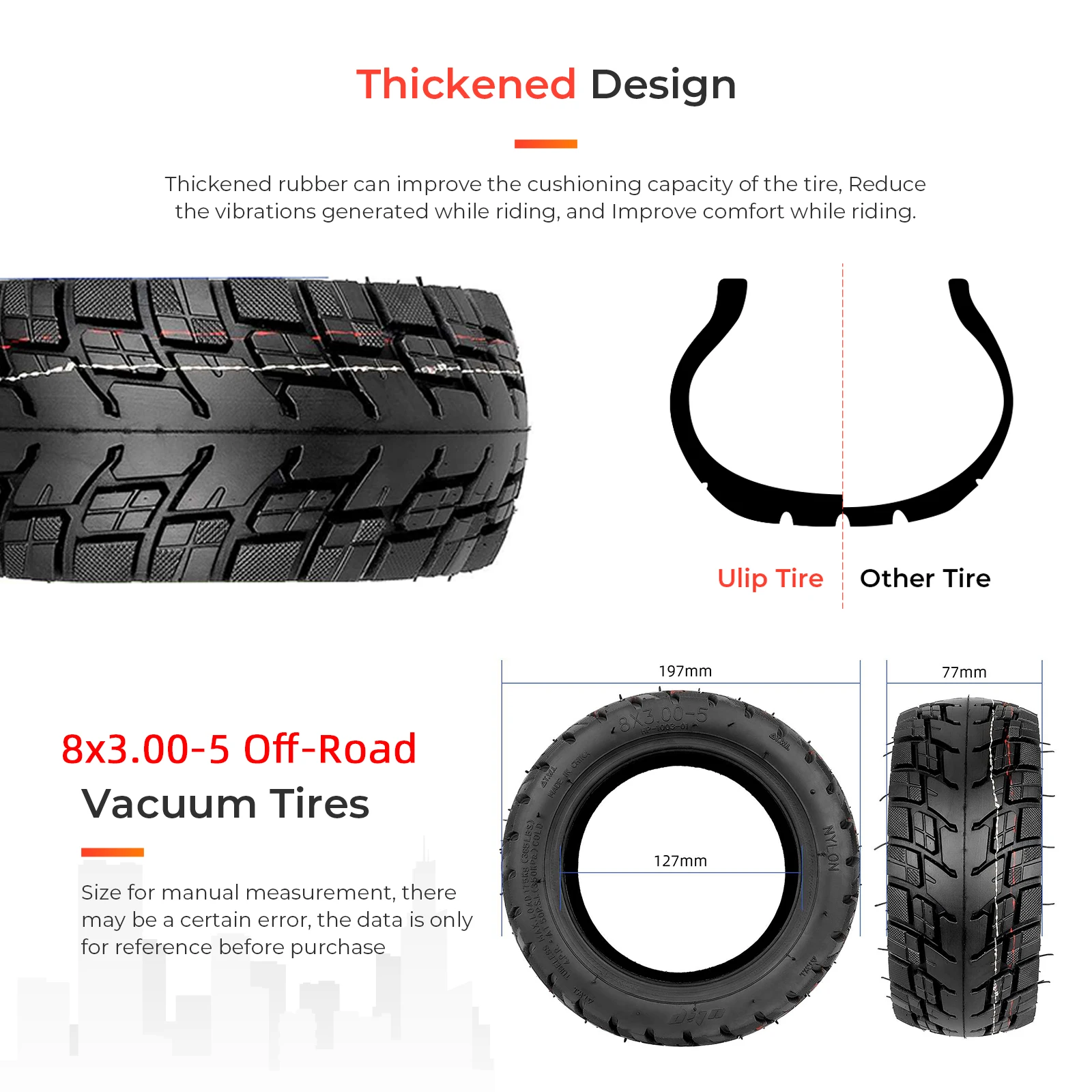 Ulip 8 Inch 8x3.00-5 Off-raod Tubeless Tires For Kaabo Mantis 8 and Vsett 9 Electric Scooter Thickened Non-slip Tyre Accessories