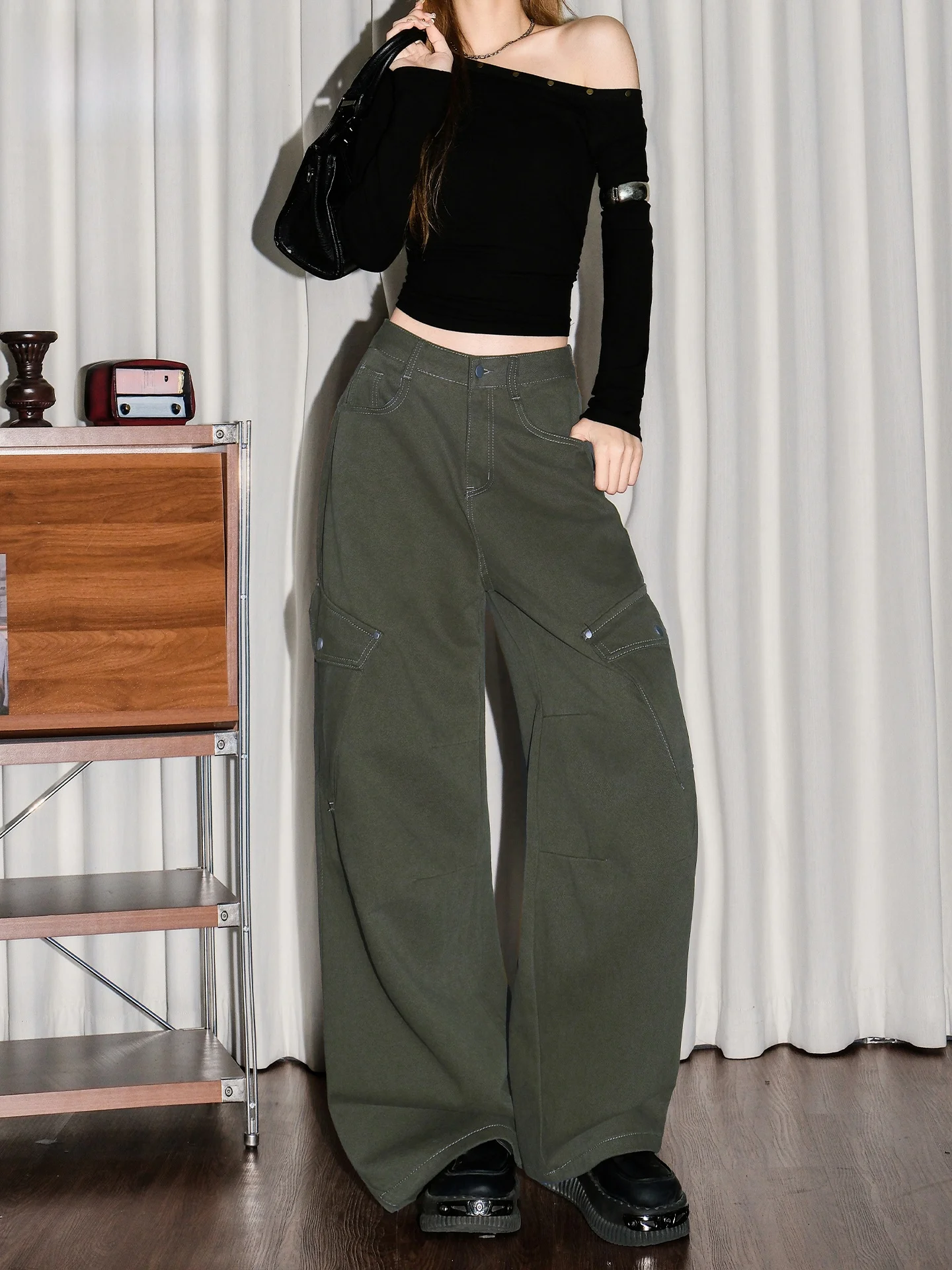 

Военно-зеленые широкие джинсы с высокой талией, свободного кроя, прямые, удлиненные, женские, летние, новый стиль, повседневные джинсы с высокой талией